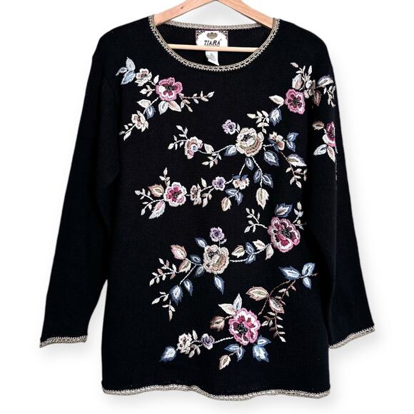 Vintage Tiara International Black Floral Beaded Embroidered Sweater Women's XL - Picture 1 of 9